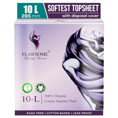 Image of Flawsome L Size Sanitary Pads for GIrls and Women | Rash Free Pad | Ultra Soft Pads | 100% Organic Cotton | (Pack of 10-L)