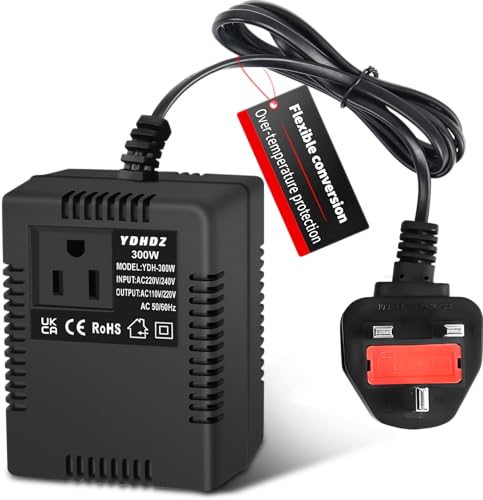 300W Step-Down Power Supply voltage converter 220V/240V to 110V/120V(UK Plug) Smart and Efficient Temperature-Protected Adapter Suitable for WiFi POS Machines and Power Bank