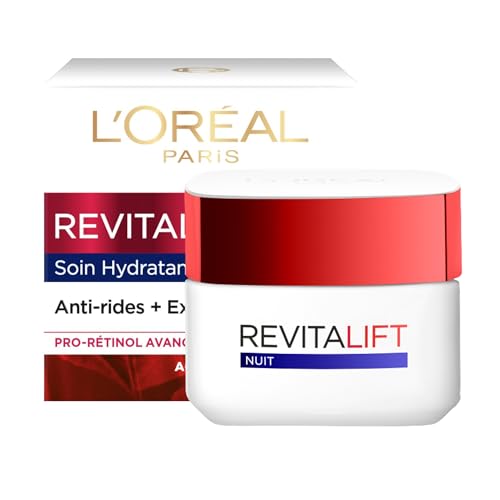 L’Oréal Paris - Soin Nuit Hydratant Visage Anti-Âge - Crème Anti-Rides, Extra-Fermeté & Tonifiante - Enrichi au Pro-Rétinol & Fibrelastyl - Tous Types de Peaux - Revitalift - 50 ml