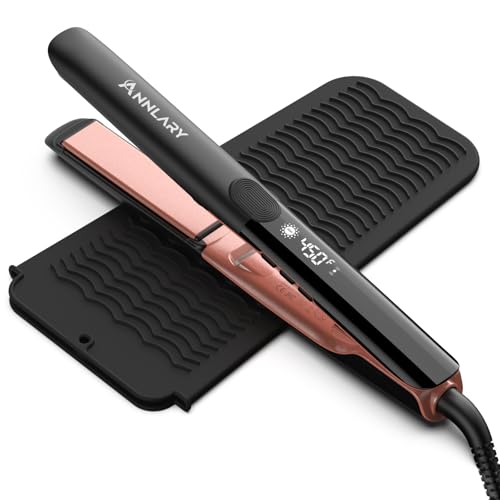 Image of Annlary 1 Inch Hair Straightener with Heat-Resistant Silicone Mat, Flat Iron Hair Straightener and Curler 2 in 1, Professional Ceramic Ionic Dual Voltage Flat Iron