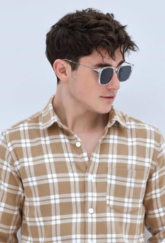 Image of U TURN Men's Casual Plaid Button-Down Shirt, Khaki and White Checkerd Shirt Stylish