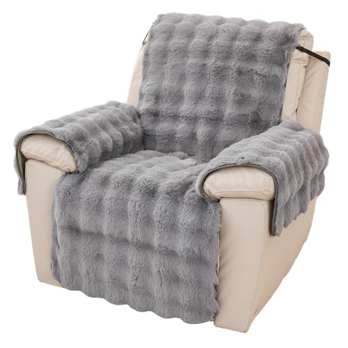 NUODWELL Thick Rabbit Plush Recliner Chair Cover, Super Soft Faux Fur Armchair Slipcover, Non Slip Washable Furniture Protector Cover with Tightening Straps for Kids and Pets (Dark Grey)