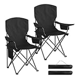 WOLTU Campingstuhl 2er Set Klappstuhl Faltbar bis 130 kg Belastbar mit Getränkehalter Seitentasche & Kühltasche, Outdoor Angelstuhl Camping Klappstuhl für Strand Angeln,Schwarz