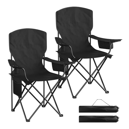 WOLTU Campingstuhl 2er Set Klappstuhl Faltbar bis 130 kg Belastbar mit Getränkehalter Seitentasche & Kühltasche, Outdoor Angelstuhl Camping Klappstuhl für Strand Angeln,Schwarz