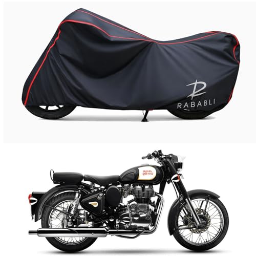 Image of Waterproof Bike Body Cover Compatible for | Royal Enfie Bullet 350 X | Taffeta Fabric, Red Piping Design, Bottom Elastic Fit | Dustproof, Sun UV & Rain Protection for All Bikes