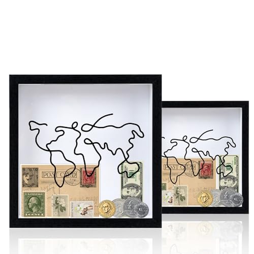 XINGYATU 2PCS Abenteuer Archivbox, 8 & 12 Zoll Acryl Reise Schattenbox Bedruckt mit Kartenmuster Transparente Aufbewahrungsboxen zum Sammeln Verschiedener Arten von Gedächtnistickets