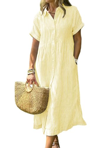 chouyatou Women's Summer Striped Midi Long Shirt Dress Casual Loose Short Sleeve Button Down Dress (Large, Yellow)