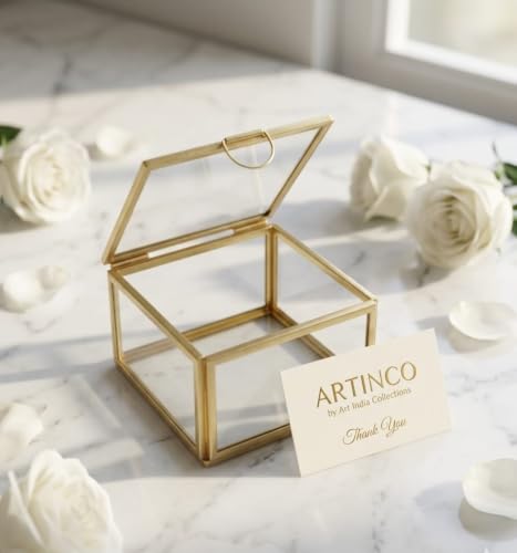 Image of Art India Collections Square Brass Glass Box with Lid and Glass Base, Display Box Gold 8x8x5 cm