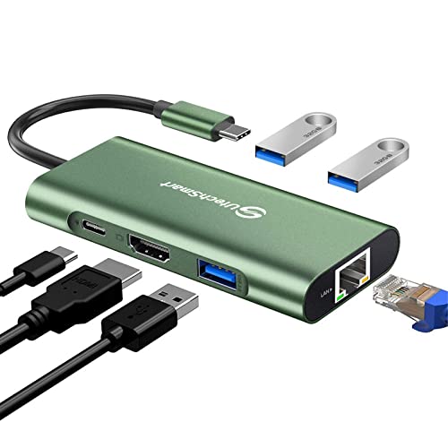 UtechSmart USB C Hub, 6-in-1 USB-C-auf-HDMI-Adapter mit 1000 m Ethernet, Power Delivery PD-Typ-C-Ladeanschluss, 3 USB-3.0-Anschlüsse, kompatibel mit MacBook Pro, Chromebook und USB-C-Geräten (grün)