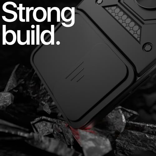Image of Pikkme Back Cover for Infinix Hot 60 5G | 360 Protection Case | Sliding Camera Shield Cover & Ring Holder Stand D10 Tough Armor Bumper Case (Black)