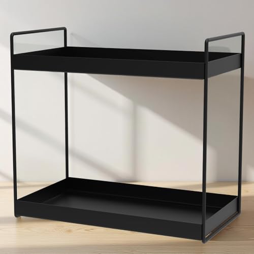 Image of IVAZA Modern Kitchen & Bathroom Organizer - 2-Tier Black Metal Rack with Ventilated Shelves | Space-Saving & Sturdy (Made in India)