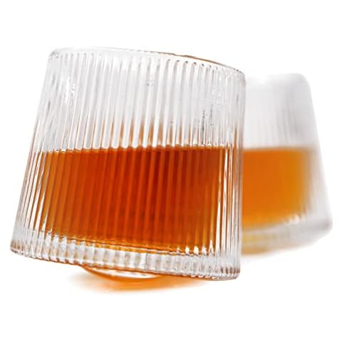 TOSSOW Spinning Whiskey Glasses Set of 2 Tumblers, Striped Old Fashioned Drinking Glass for Scotch, Irish, Bourbon and Cocktail Drinks, Barware Gift for Men and Women Cover