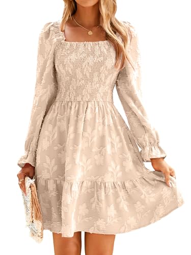 BerryGo Women's Square Neck Fall Long Sleeve Mini Dress Smocked Swing Ruffle Wedding Guest Dress