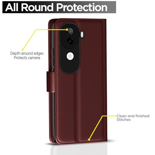 Image of Pikkme Flip Cover Leather Finish | Inside TPU with Card Pockets | Wallet Stand and Shock Proof | Complete Protection Button Flip Case for Vivo V40e 5G / iQOO Z9s 5G(Brown)