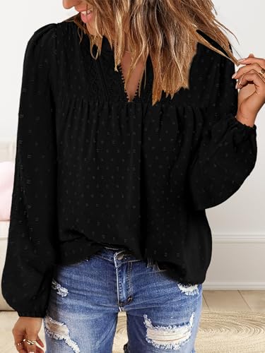 BETTE BOUTIK Women Boho Long Sleeve Shirts Dressy Casual V Neck Fall Fashion Tops Swiss Dot Flowy Blouses