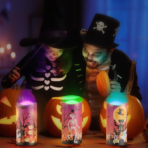 Image of Halloween Candles with 12 LED Light Colors, Battery Operated Flameless Candles, Halloween Decorative Candles with Remote Control Colors and Timer, 3 x 6 Inch, Set of 3