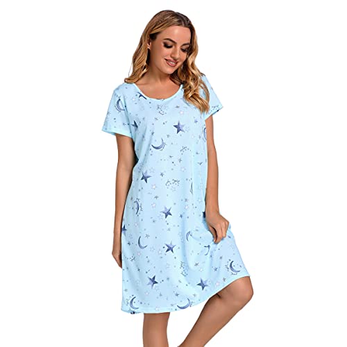 Dreamskull Camisón de manga corta para mujer, camisón suelto de dibujos animados, camisón de manga larga, vestido de camiseta para el hogar, Estrella y luna, S Cover