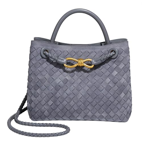 Suede Woven Tote Bag for Women Leather Shoulder Handbag Designer Top Handle Purses(Grey)