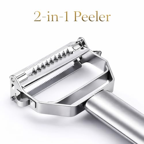 Image of 2-in-1 Stainless Steel Vegetable Peeler & Julienne Cutter Multi-Functional Fruit & Veggie Shredder Kitchen Slicer Grater Potato Carrot Shredder (Silver, 18 x 8.2 x 2.4 cm)