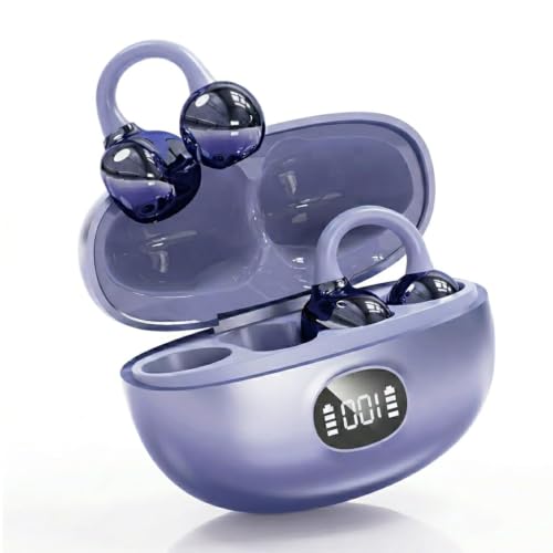 Auriculares Inalámbricos Bluetooth Audífonos Oreja Abierta Open Ear con Clip Reducción Ruido Pantalla LED Control Cascos Inalambricos Bluetooth Táctil Ligeros 4.5g para Deporte y Running Morado