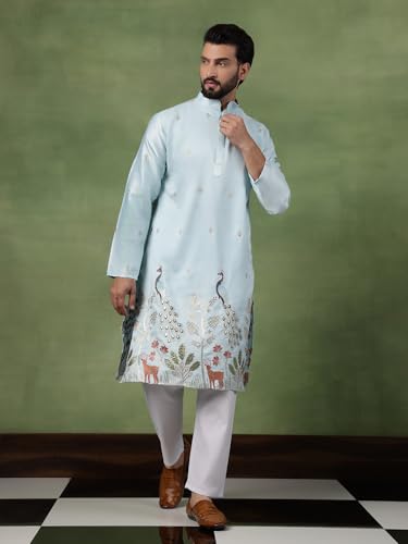 Image of SOJANYA (Since 1958 Men's Cotton Silk Flora & Fauna Embroidered Long Kurta