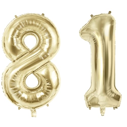 Number 81 Balloons for 81st Birthday Party Decorations, 40" Champagne Gold Foil Helium Balloons, 40 Inch 0-100 Anniversary Supplies for Women Men and Grandpa Grandma