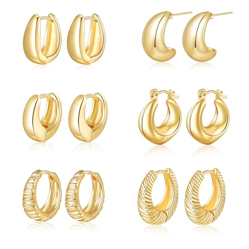 6 Pairs Gold Hoop Earrings for Women, 14K Gold Plated Lightweight Chunky Hoop Earrings Set Hypoallergenic, Thick Open Huggie Hoops Earrings Jewelry for Gifts.