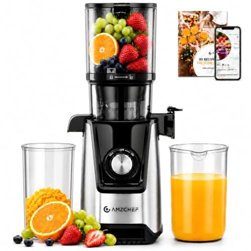 AMZCHEF Extracteur de Jus à Froid, Slow Juicer avec Ouverture 120 mm, Extracteur de Jus de Fruits et Légumes Entiers, Double Filtration, Fonction Inverse, Bec Anti-Goutte, Facile à Nettoyer, Argenté