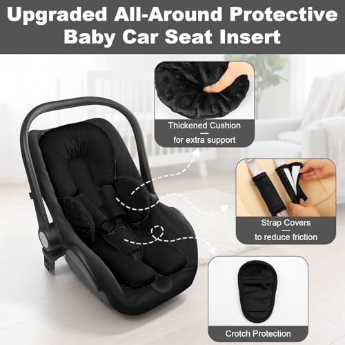 Image of Infant Car Seat Insert for Newborn Boys Girls, Extra Thick & Soft Minky Preemie Car Seat Head Body Support Cushion with Strap Pads, Perfect for Stroller, Baby Swing, Bouncer, 2-in-1 Reversible, Black