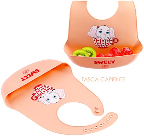 FIFTYSEVENFACES Bavaglino Silicone con Tasca Raccoglipappa Impermeabile, Set di 2 Bavaglini Pappa Svezzamento Bambine, Senza BPA, Bavette per Neonati Morbide e Regolabili in 7 Posizioni, Lavabili