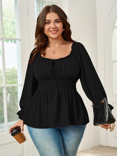 Womens Plus Size Tops Square Neck Long Sleeve Blouse Babydoll Ruffle Peplum Smocked Summer Top3