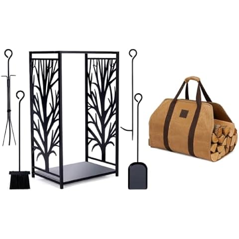 WILLOW WEAVE Firewood Rack Fire Log Holder Storage Set with 4 Tools Brush, Shovel, Poker, and Tongs, Large Canvas Log Carrier Cover