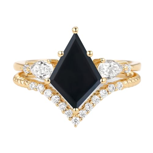 1.5ct/2ct Black Onyx Wedding Ring Set - Kite Cut Black Onyx Bridal Sets Wedding Rings White Yellow Rose 10K 14K 18K Gold Sterling Silver Gem Engagement Anniversary Promise Ring Set for Her3