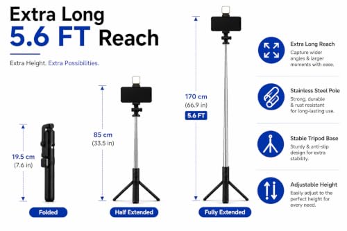 Image of Extendable Selfie Stick 5.6 Feet for Smartphones, Handheld Mobile Selfie Stick with Adjustable Clamp, Portable Selfie Monopod for Selfies, Travel, Video Calls & Content Creation