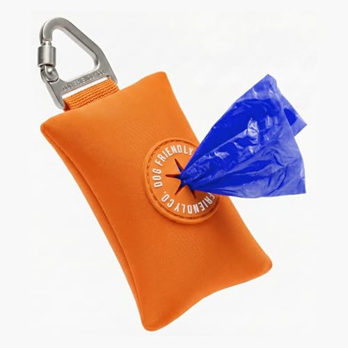 Image of Dog Friendly Co. Poop Bag Holder for Leash, Dog Waste Bag (Hi-Vis Orange) | One Click Clip Potty Carrier Dispenser, Pet Trash Bags, Neoprene Fabric for All Weather Conditions, Stylish Walking Accessory