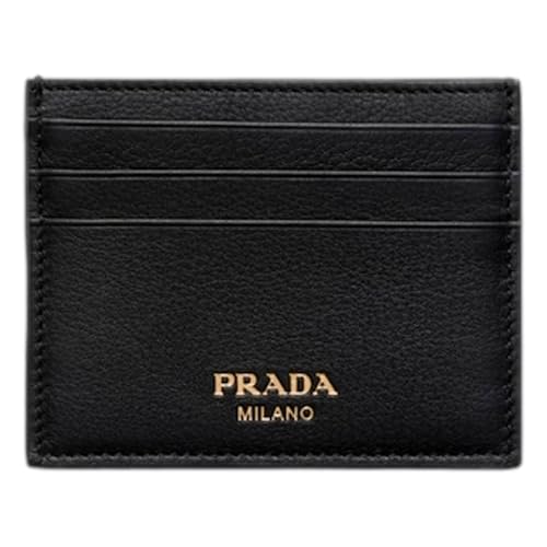 Prada Unisex Black Soft Grain Leather Gold Embossed Logo Small Card Holder Wallet 2MC025