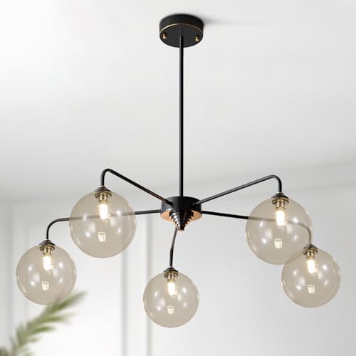 Image of 5 Light Black Sputnik Chandelier Mid Century Modern Chandelier with Cognac Clear Glass Globe Shade Pendant Light for Kitchen Dining Room