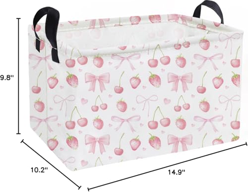 Image of Essme Rectangular Kids Baskets,Girls Storage Basket Pink Bins with Handles for Strawberry Room Decor, Cherry Storage Bin(Strawberry)