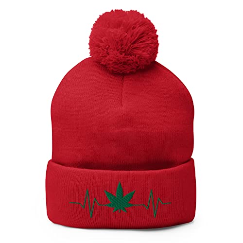 Marijuana Pom-Pom Beanie, Marijuana Winter Hat with Ball on Top for Men and Women, Funny Weed 420 Gift Red