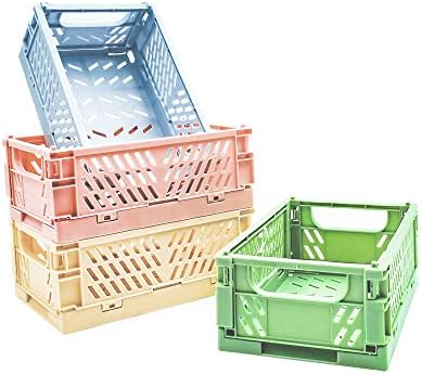 4-Pack Mini Baskets Plastic for Shelf Home Kitchen Storage Bin Organizer, Stacking Folding Storage Baskets for Classroom Bedroom Bathroom Office (5.9 x 3.8 x 2.2)