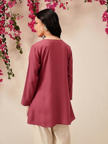 Image of QAZMI Women's Bahar Kashmiri Zari Resham Work Viscose Rayon Full Sleeves A-Line Short Kurti