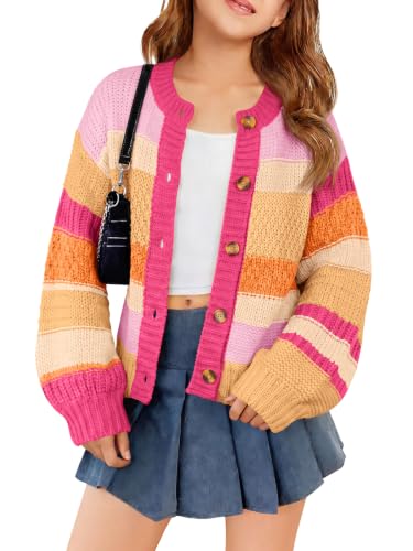 Haloumoning - Haloumoning Girls Color Block Cardigan Sweaters Button Up Knit Sweater - Best Deal on Amazon