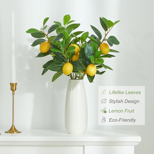 Heleze 3 Pcs Artificial Lemons Tree Branches - Faux Greenery Stems Realistic Lemon Branch with Lifelike Leaves Fake Lemon Plant for Home, Dining Table, Kitchen Decor 18 Inch