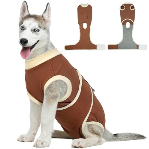 Kuoser Dog Recovery Suit, Soft & Breathable Fabric, Anti Licking, Cone Alternative, Brown, Large (Back: 16.1" - 20.1"; Weight: 23 - 48LB) Large (Back: 16.1" - 20.1"; Weight: 23 - 48LB) Brown