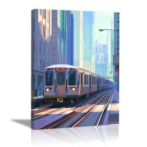 Impression sur toile train urbain bleu 40x60cm œuvre d'art encadrée premium