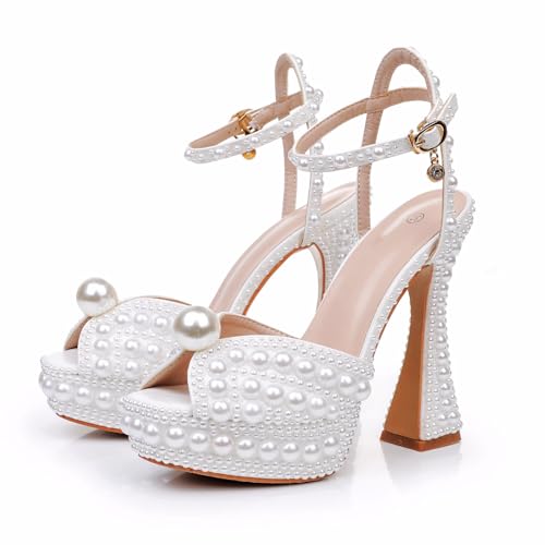Crystal Queen 13CM Block Heel Paltform Sandals Chunky Heels Pretty Lolita Shoes Princess Round Toe Pumps Mary Jane Evening Party White Pearls Wedding Bride Shoes2
