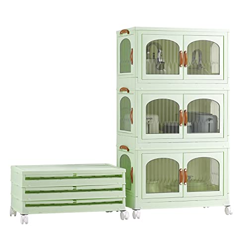 RMAN Armadio Portaoggetti Pieghevole Grandi Contenitori Impilabili Salvaspazio Organizer in Plastica Armadietto con Ruote Antipolvere per Vestiti, Libri, Giocattoli, Verde