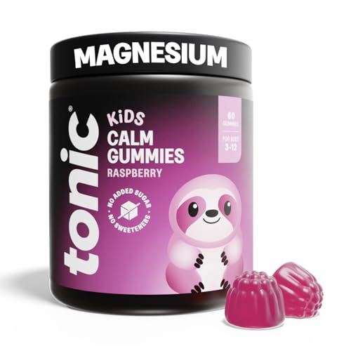 Tonic Health Kids Magnesium Gummies - 120mg Magnesium Citrate for Children Ashwagandha KSM-66 Lemon Balm - No Sugar Calm and Balanced - Age 3-12 Years Vegan - Raspberry 60 Count