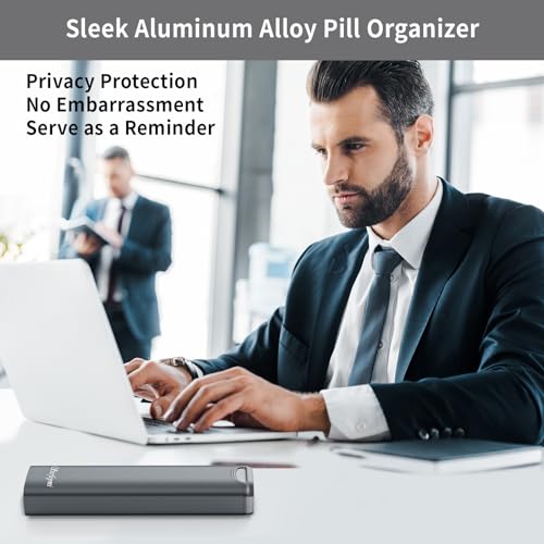 Serfeymi Tablettenbox 7 Tage - Metall Medikamentenbox, Pillendose, Tabletten Organizer(Ersatzdichtung enthalten),Pillenbox,Dispenser Medikamente für Pill, Supplement mit individuellem Deckel-Grau