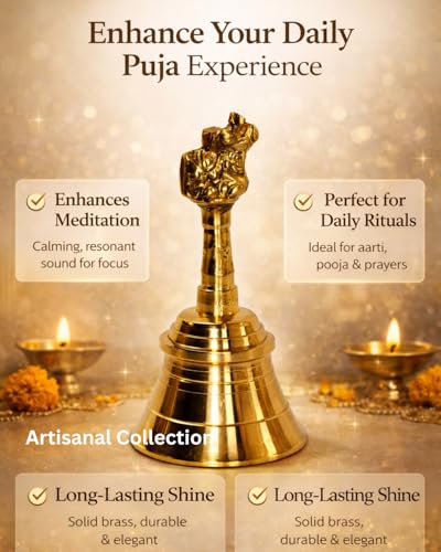 Image of 5- Inch Brass Bell for Pooja Room with Nandi Motif - Handcrafted Solid Brass Ghanti for Pooja, Aarti & Meditation - Premium Spiritual Temple Bell - Durable, Polished Finish